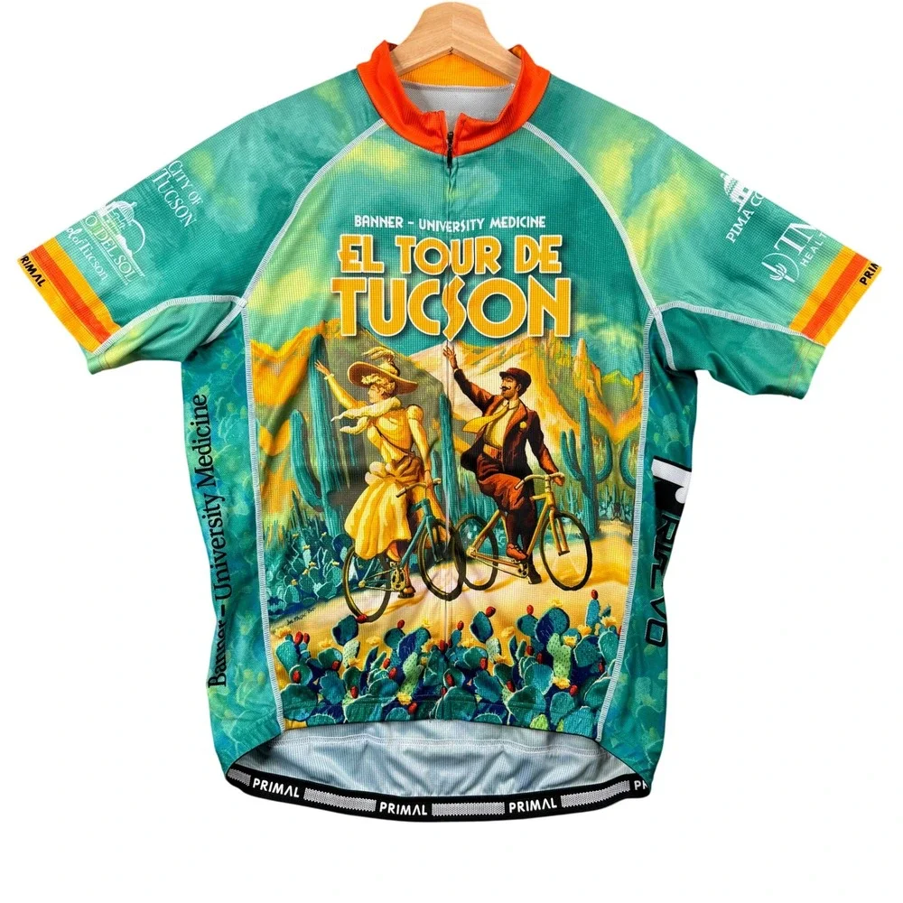Primal El Tour De Tucson Cycling Jersey Mens XL Race Cut Banner Medicine Teal
